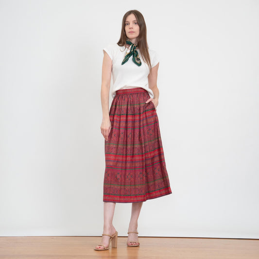 Vintage 80s Jewel Tone Baroque Striped Midi Skirt - Size 6-8 | High Waisted Pleated Skirt With Pockets