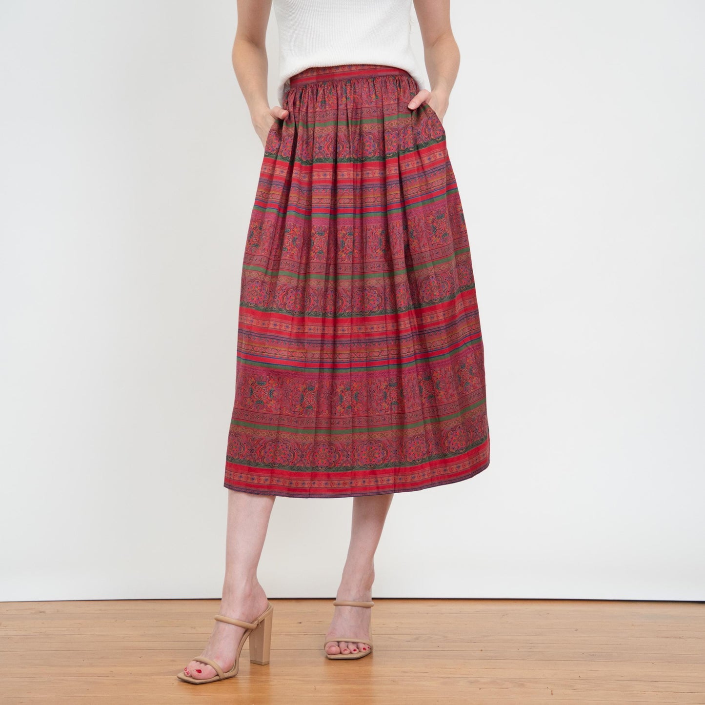 Vintage 80s Jewel Tone Baroque Striped Midi Skirt - Size 6-8 | High Waisted Pleated Skirt With Pockets