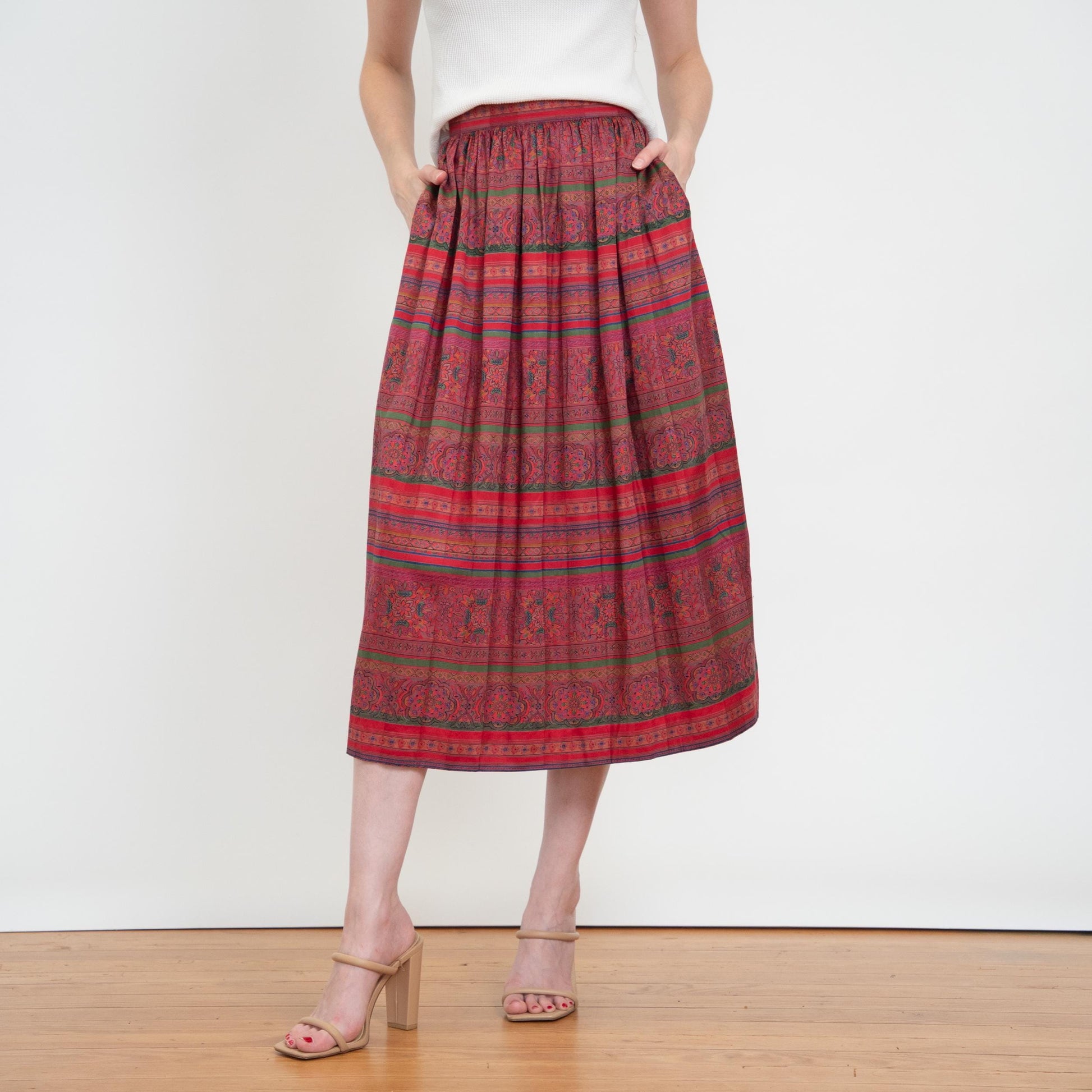 Vintage 80s Jewel Tone Baroque Striped Midi Skirt - Size 6-8 | High Waisted Pleated Skirt With Pockets