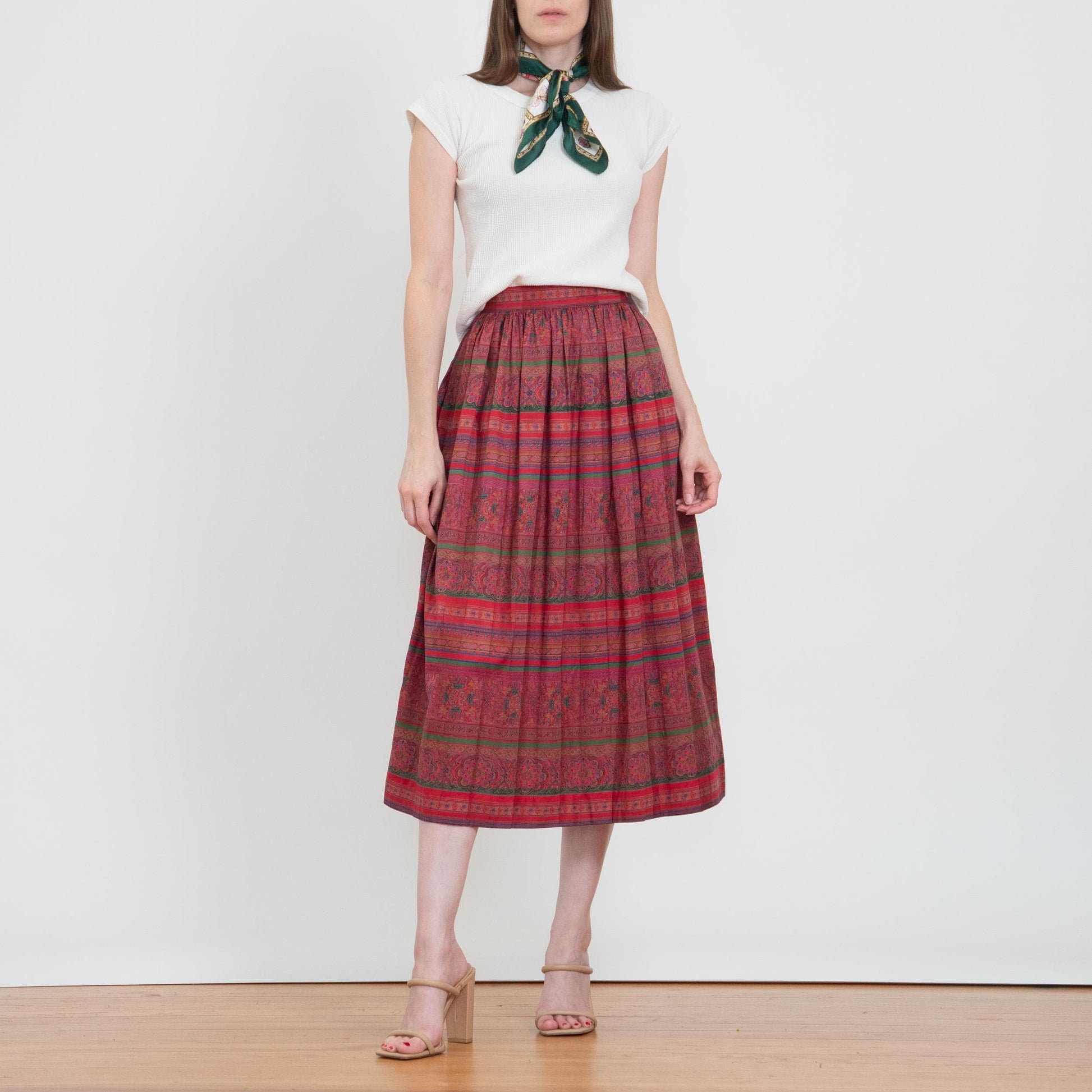 Vintage 80s Jewel Tone Baroque Striped Midi Skirt - Size 6-8 | High Waisted Pleated Skirt With Pockets
