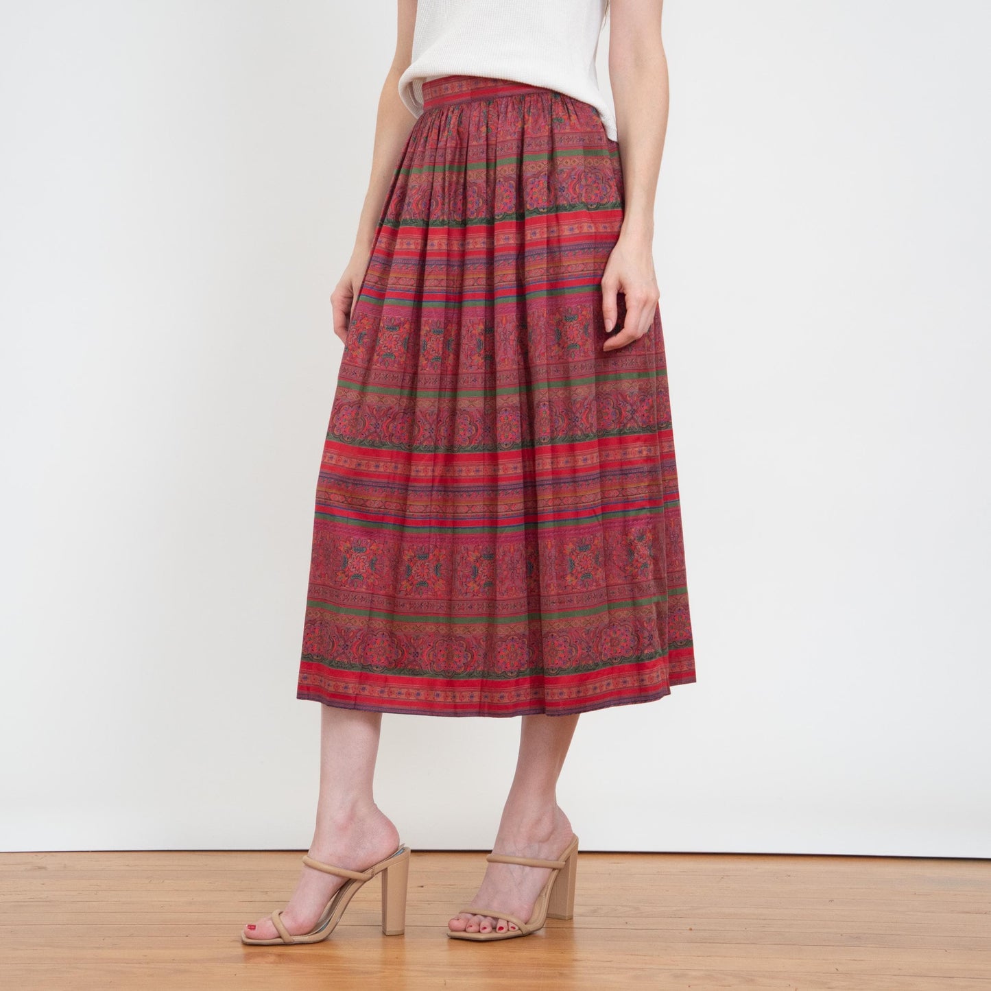 Vintage 80s Jewel Tone Baroque Striped Midi Skirt - Size 6-8 | High Waisted Pleated Skirt With Pockets