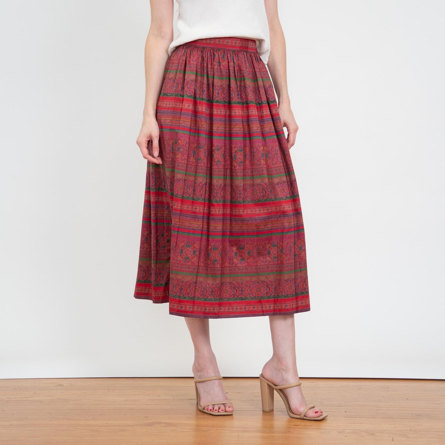 Vintage 80s Jewel Tone Baroque Striped Midi Skirt - Size 6-8 | High Waisted Pleated Skirt With Pockets