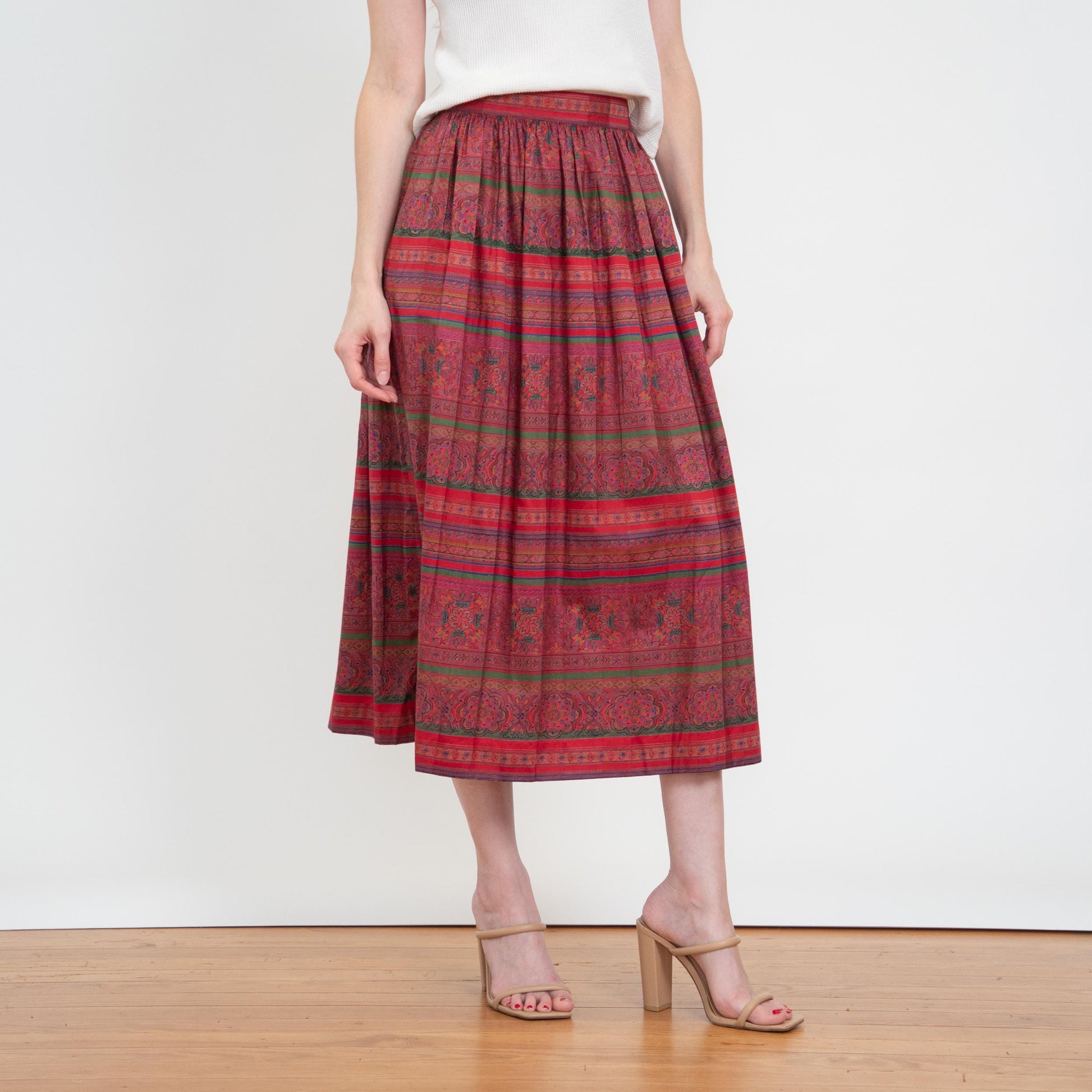 Vintage 80s Jewel Tone Baroque Striped Midi Skirt - Size 6-8 | High Waisted Pleated Skirt With Pockets