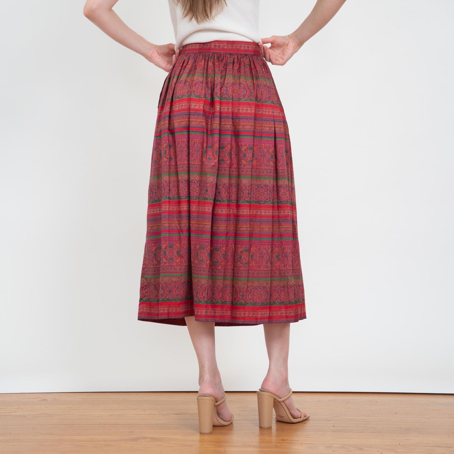 Vintage 80s Jewel Tone Baroque Striped Midi Skirt - Size 6-8 | High Waisted Pleated Skirt With Pockets