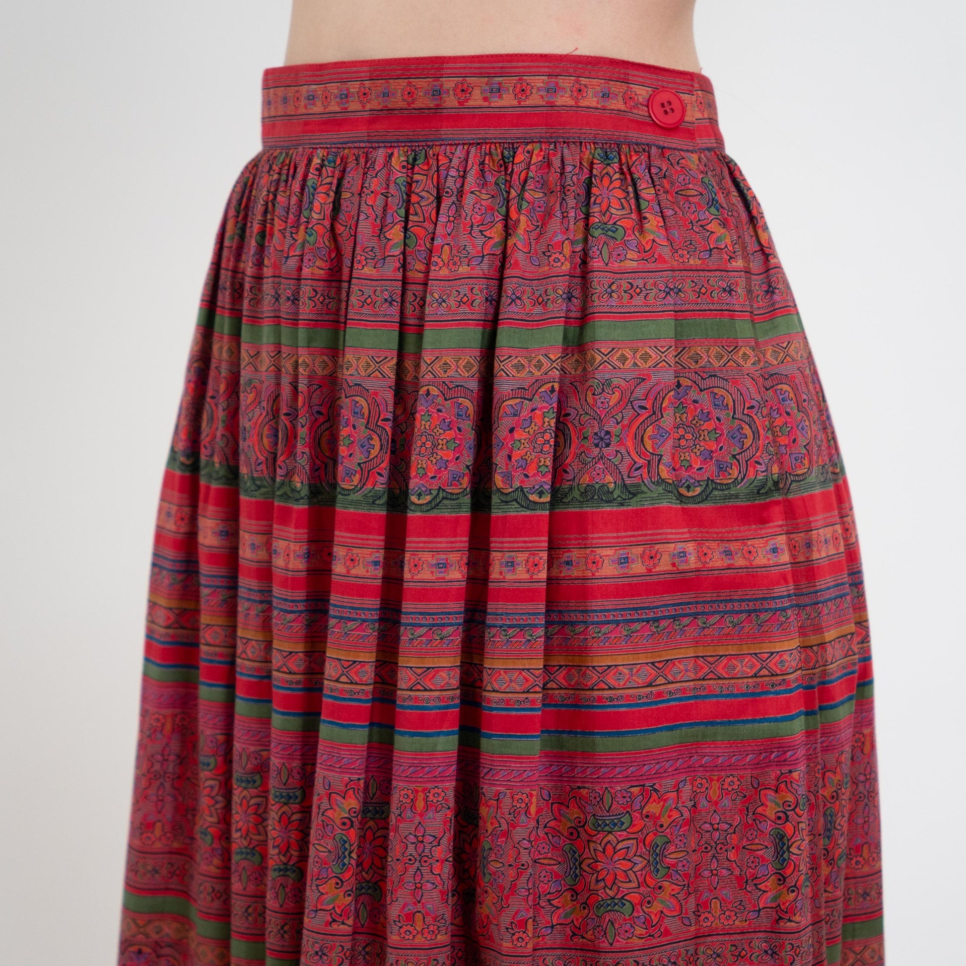 Vintage 80s Jewel Tone Baroque Striped Midi Skirt - Size 6-8 | High Waisted Pleated Skirt With Pockets