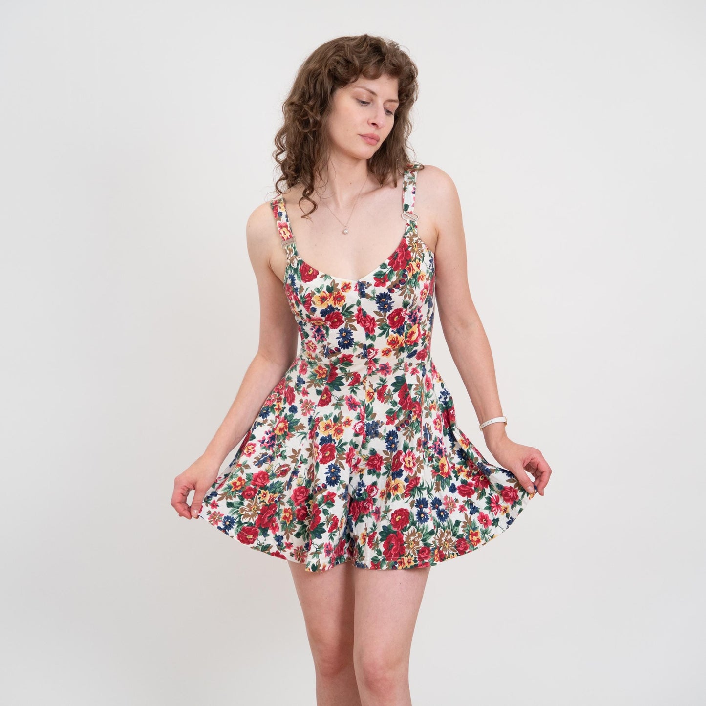 Vintage 90s Floral Fit & Flare Romper - Small | White Red Adjustable Strap Boho Summer Playsuit