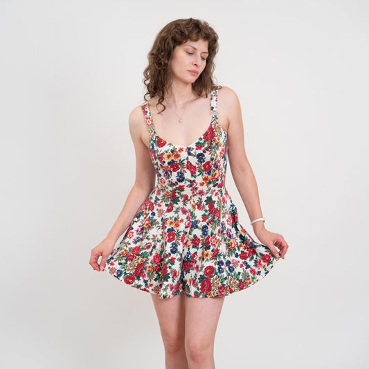 Vintage 90s Floral Fit & Flare Romper - Small | White Red Adjustable Strap Boho Summer Playsuit