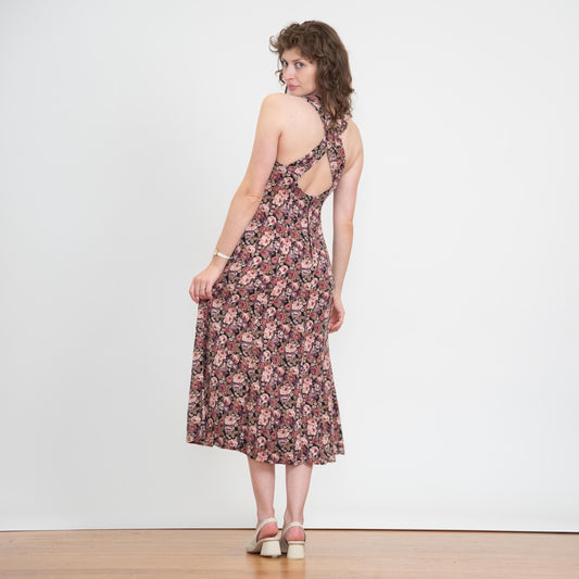 Vintage 90s Dusty Pink Floral Cross Back Sundress - Small | Boho Sweetheart Neck Midi Dress