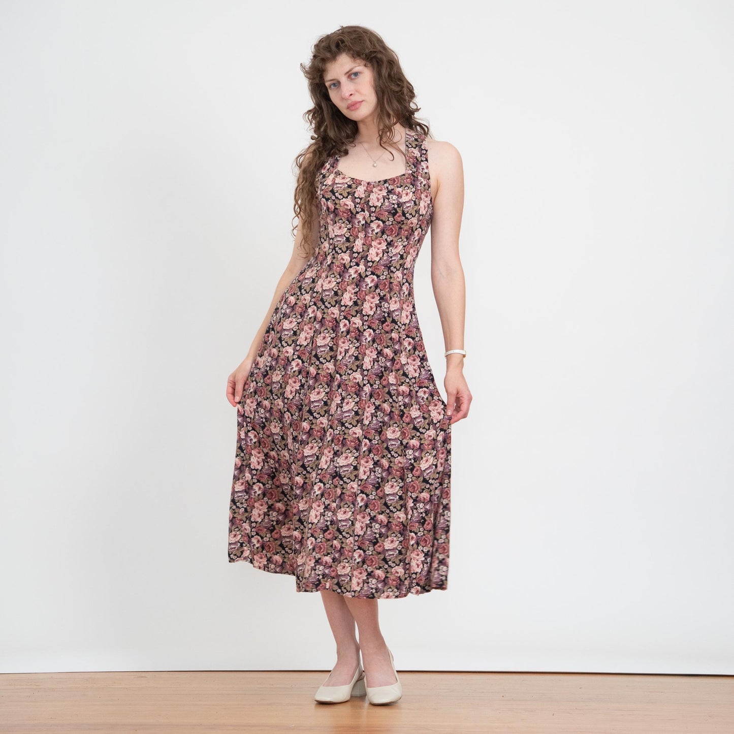 Vintage 90s Dusty Pink Floral Cross Back Sundress - Small | Boho Sweetheart Neck Midi Dress