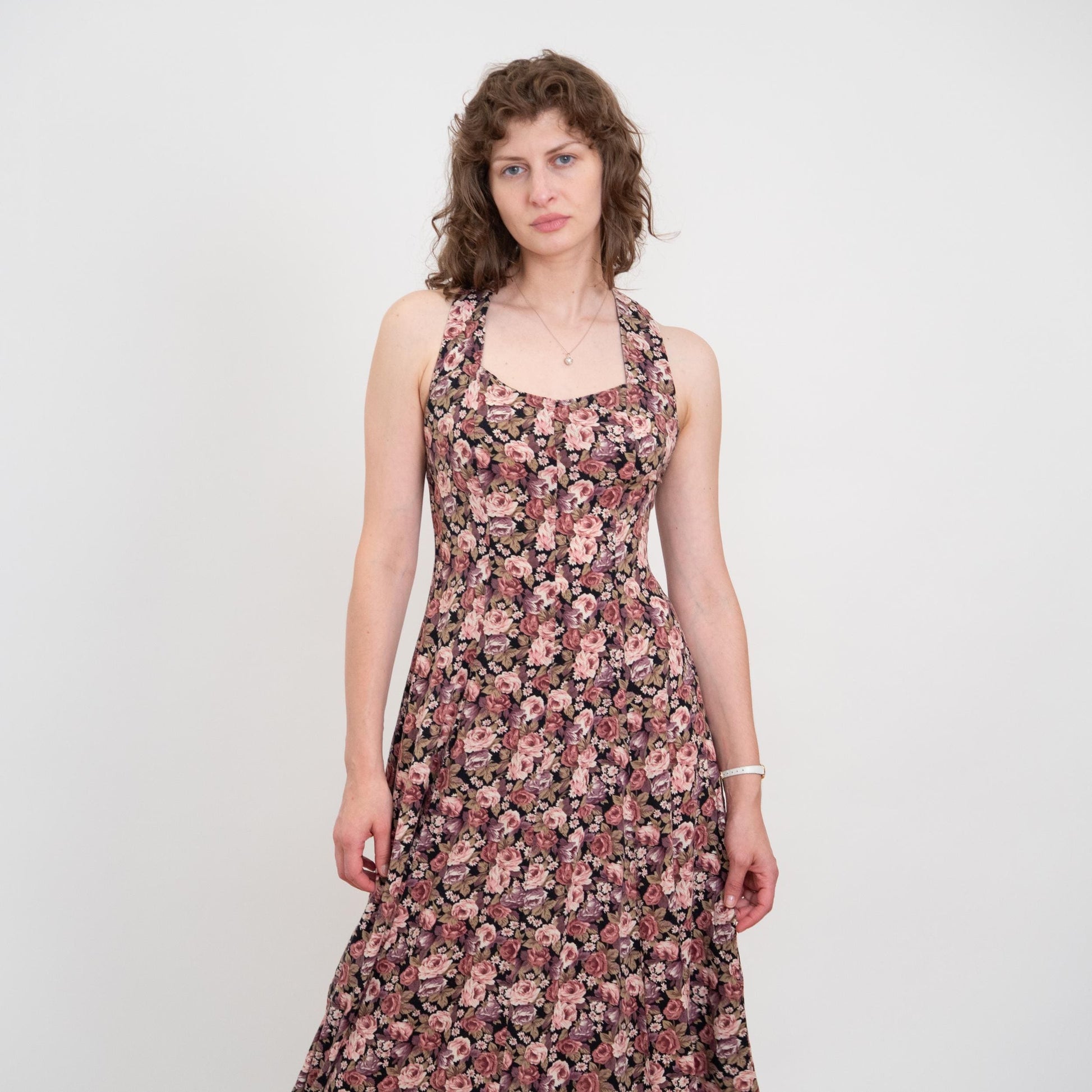 Vintage 90s Dusty Pink Floral Cross Back Sundress - Small | Boho Sweetheart Neck Midi Dress