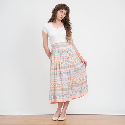 Vintage 80s Pastel Geometric Striped Midi Skirt - Medium | Pink & Blue High Waisted Pleated Skirt