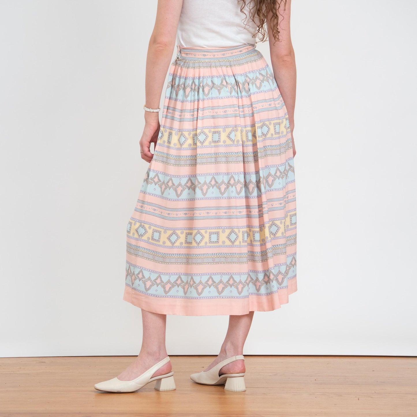 Vintage 80s Pastel Geometric Striped Midi Skirt - Medium | Pink & Blue High Waisted Pleated Skirt