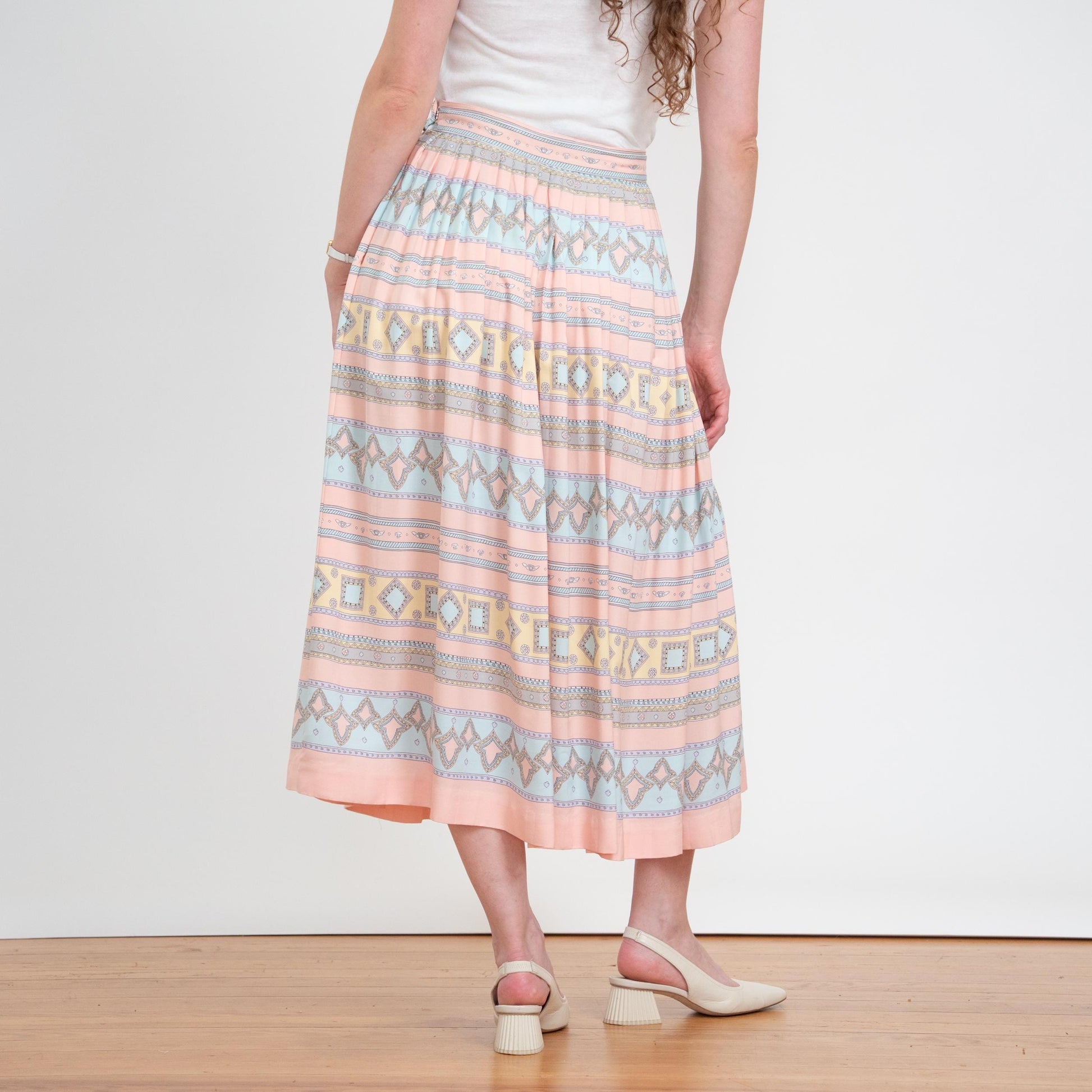 Vintage 80s Pastel Geometric Striped Midi Skirt - Medium | Pink & Blue High Waisted Pleated Skirt