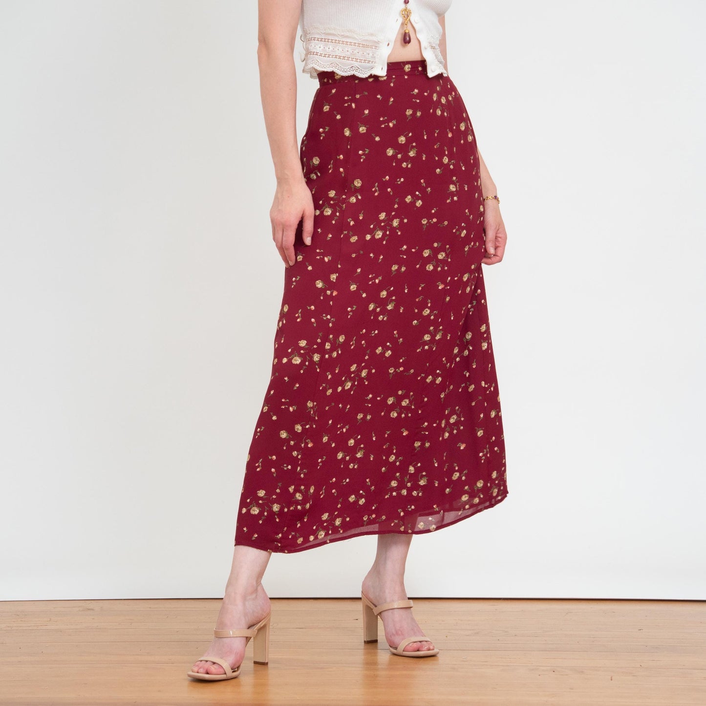 Vintage 90s Laura Ashley Wine Red Floral Maxi Skirt - Small, 26" Waist | High Waisted Boho A Line Slip Skirt