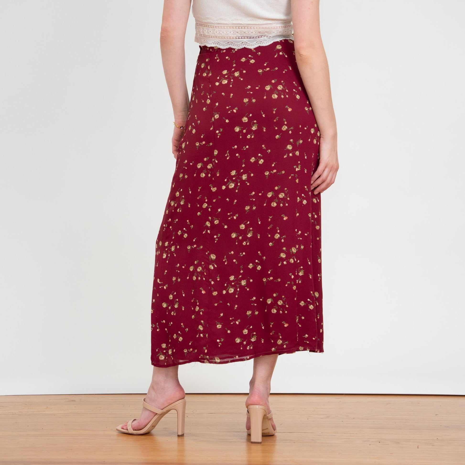 Vintage 90s Laura Ashley Wine Red Floral Maxi Skirt - Small, 26" Waist | High Waisted Boho A Line Slip Skirt