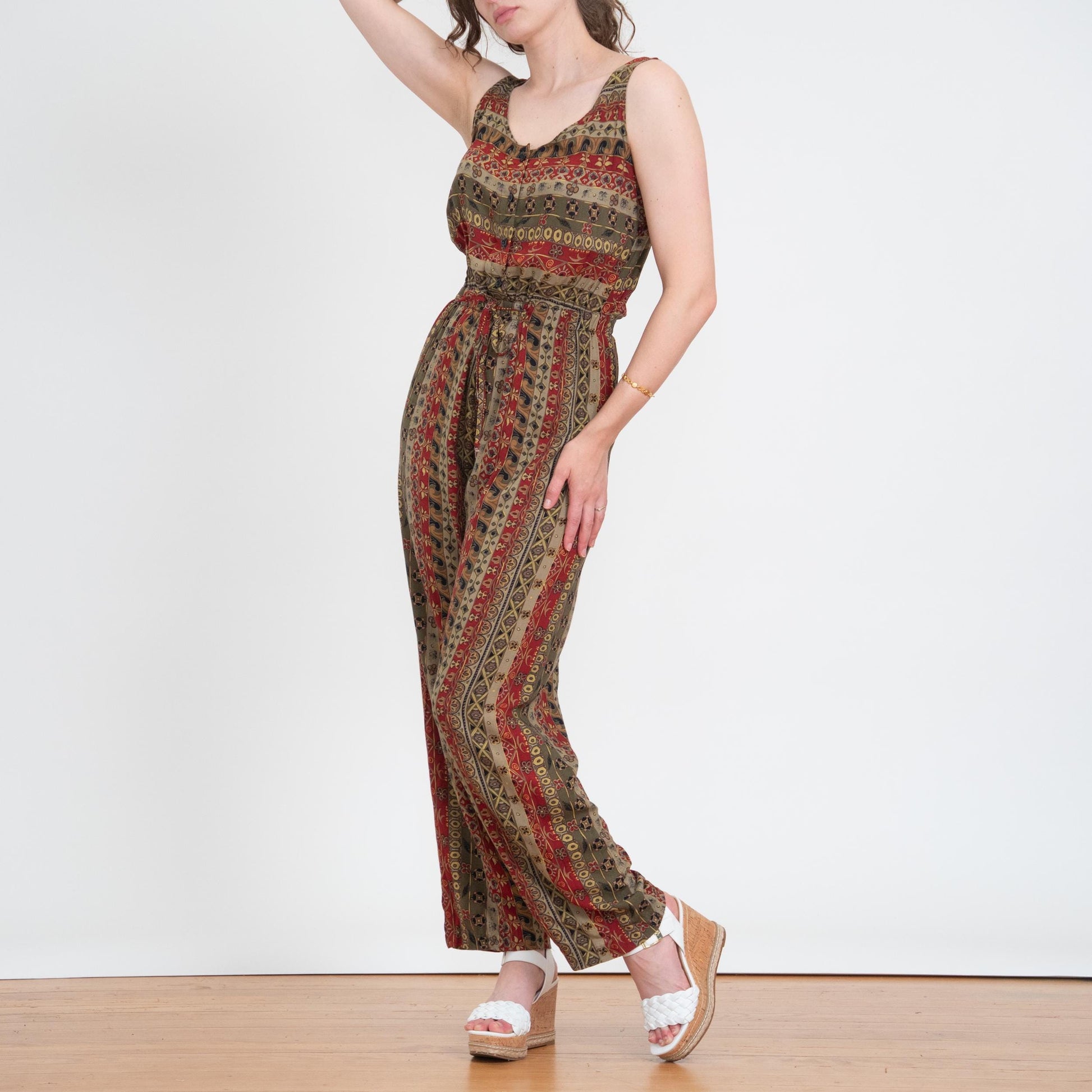 Vintage 90s Earth Tone Floral Striped Jumpsuit - Medium | Boho Sleeveless Rayon Loungewear Pantsuit