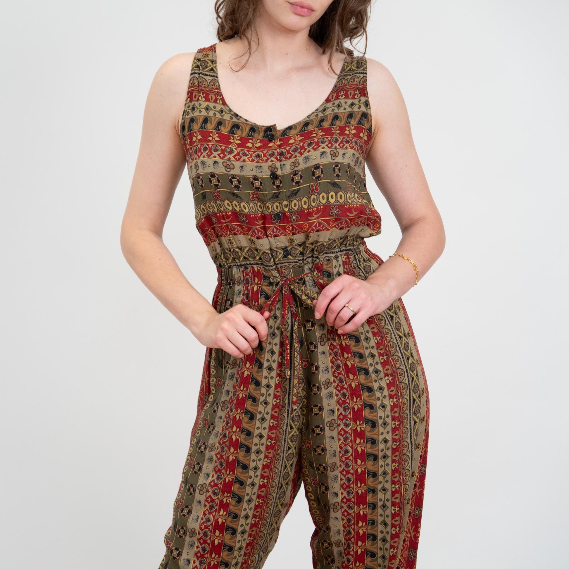 Vintage 90s Earth Tone Floral Striped Jumpsuit - Medium | Boho Sleeveless Rayon Loungewear Pantsuit