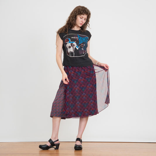 Vintage 80s Koos Van Den Akker Mosaic Layered Skirt - XS to Small | Designer Purple Sheer Overlay Midi Skirt