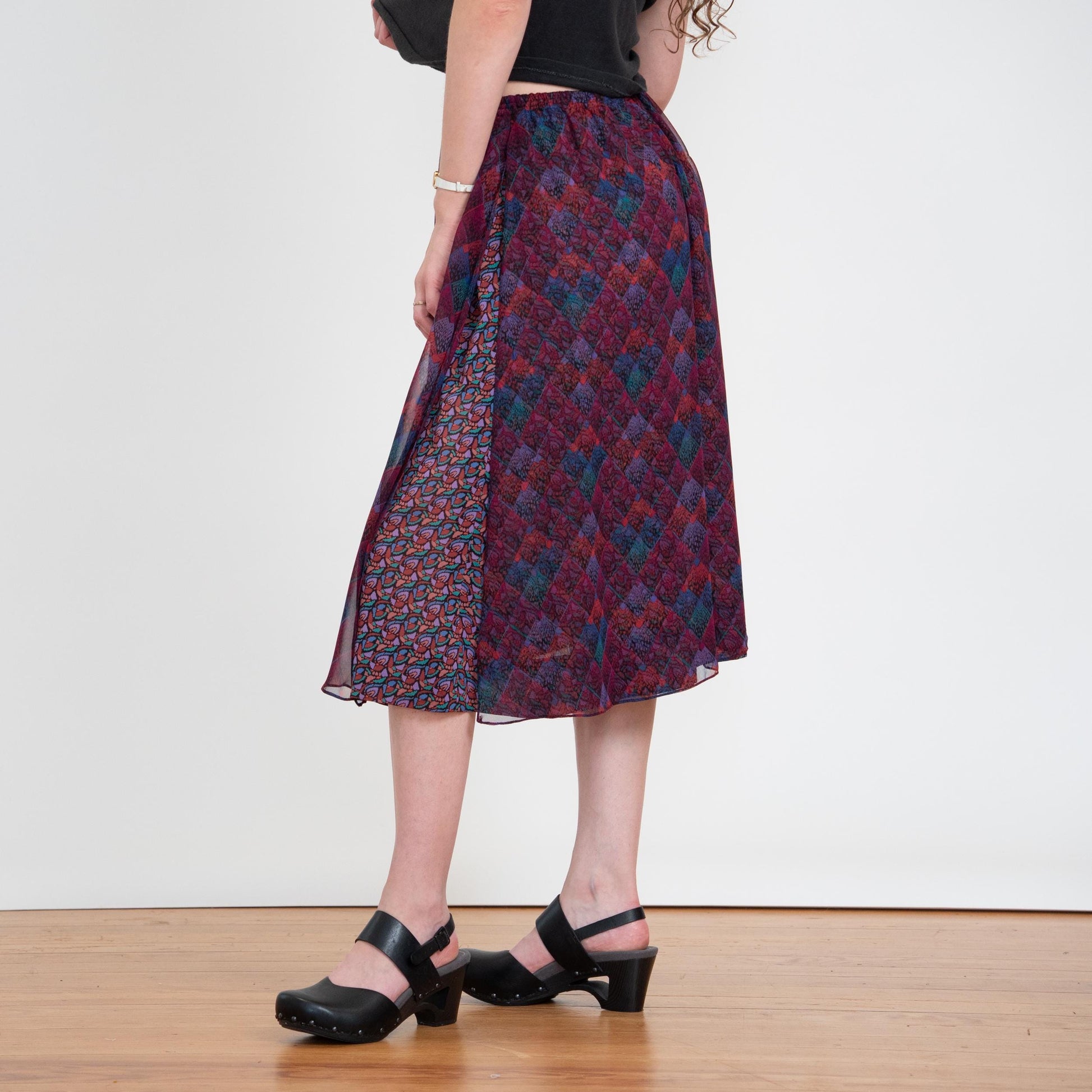 Vintage 80s Koos Van Den Akker Mosaic Layered Skirt - XS to Small | Designer Purple Sheer Overlay Midi Skirt