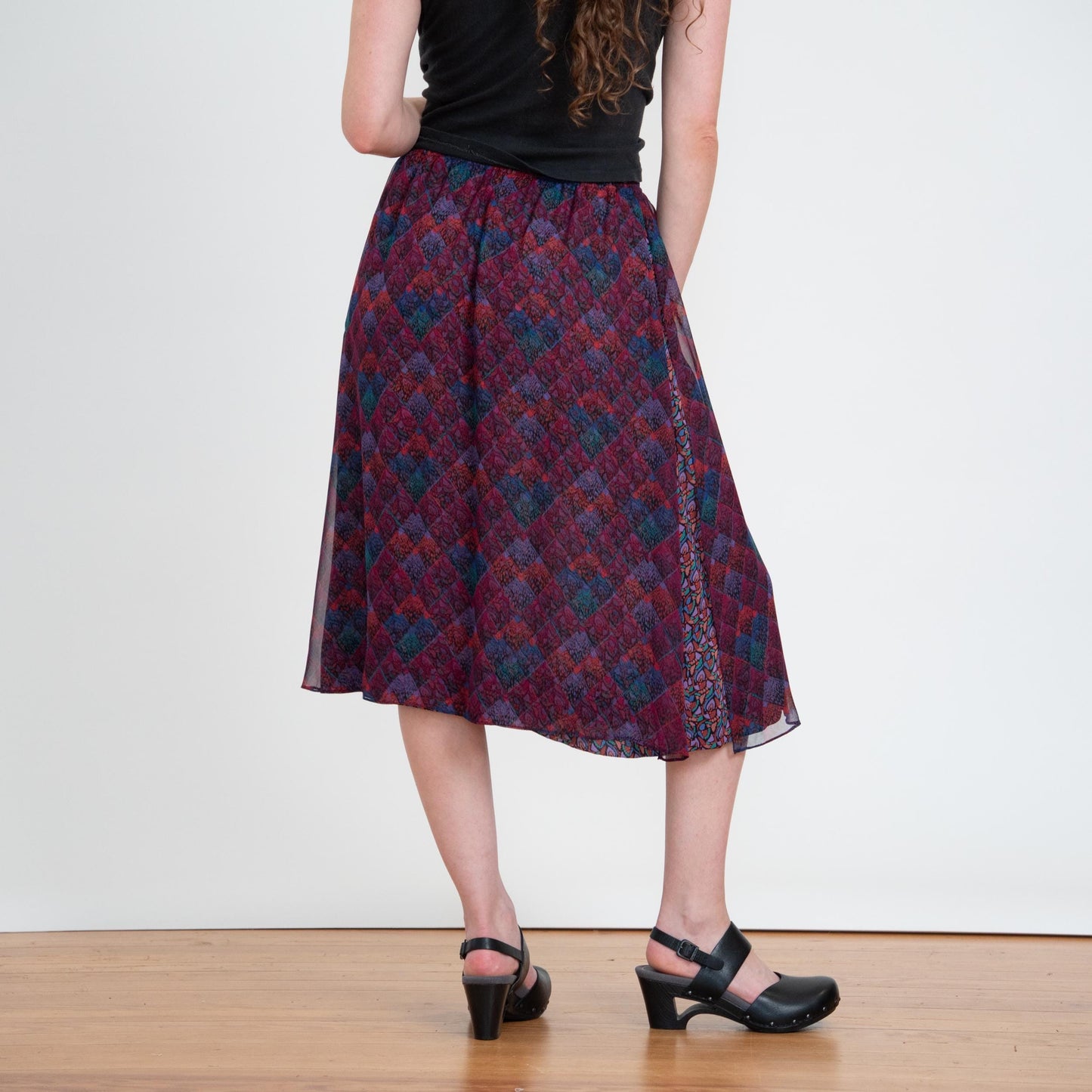 Vintage 80s Koos Van Den Akker Mosaic Layered Skirt - XS to Small | Designer Purple Sheer Overlay Midi Skirt