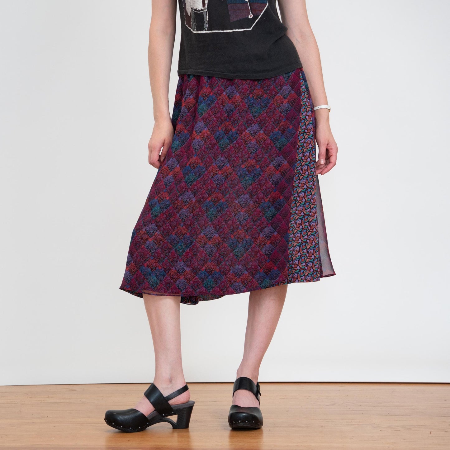 Vintage 80s Koos Van Den Akker Mosaic Layered Skirt - XS to Small | Designer Purple Sheer Overlay Midi Skirt