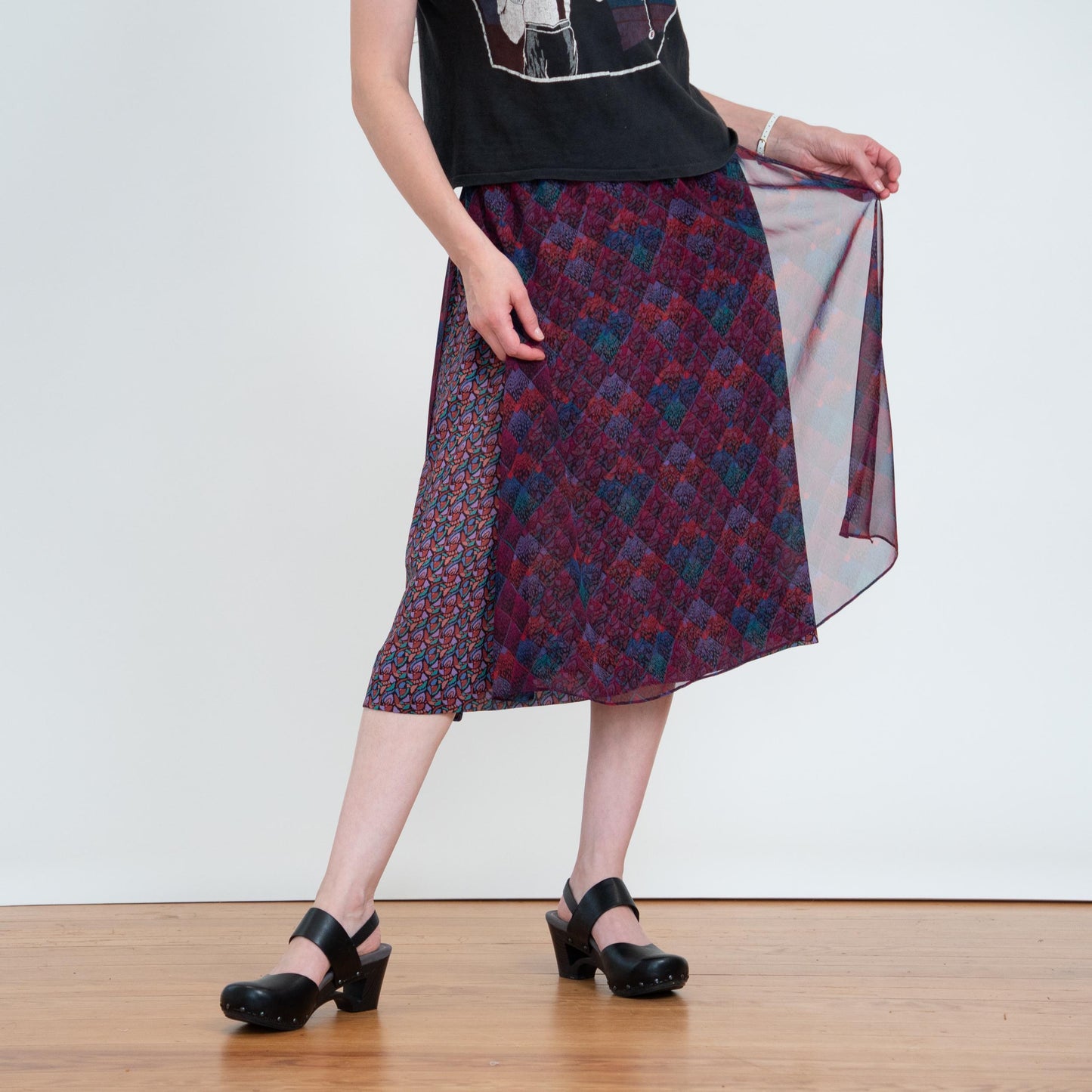 Vintage 80s Koos Van Den Akker Mosaic Layered Skirt - XS to Small | Designer Purple Sheer Overlay Midi Skirt