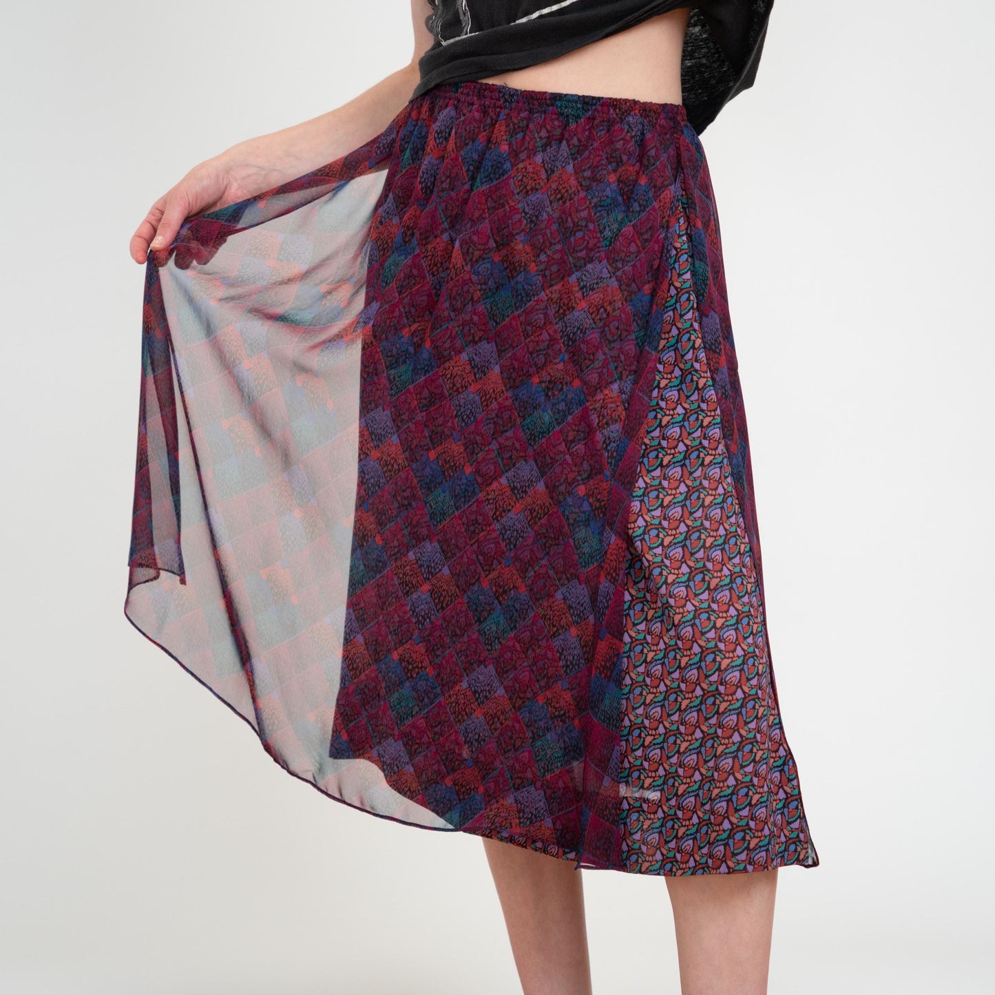 Vintage 80s Koos Van Den Akker Mosaic Layered Skirt - XS to Small | Designer Purple Sheer Overlay Midi Skirt