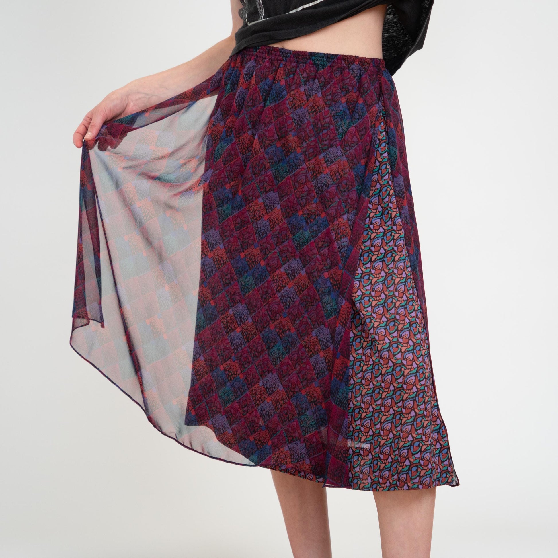 Vintage 80s Koos Van Den Akker Mosaic Layered Skirt - XS to Small | Designer Purple Sheer Overlay Midi Skirt