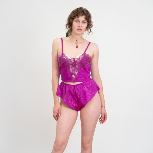 Vintage 90s Victoria's Secret Purple Floral Satin Lingerie Set - Small | Sexy Loungewear Two Piece Matching Panty Tap Pants & Camisole