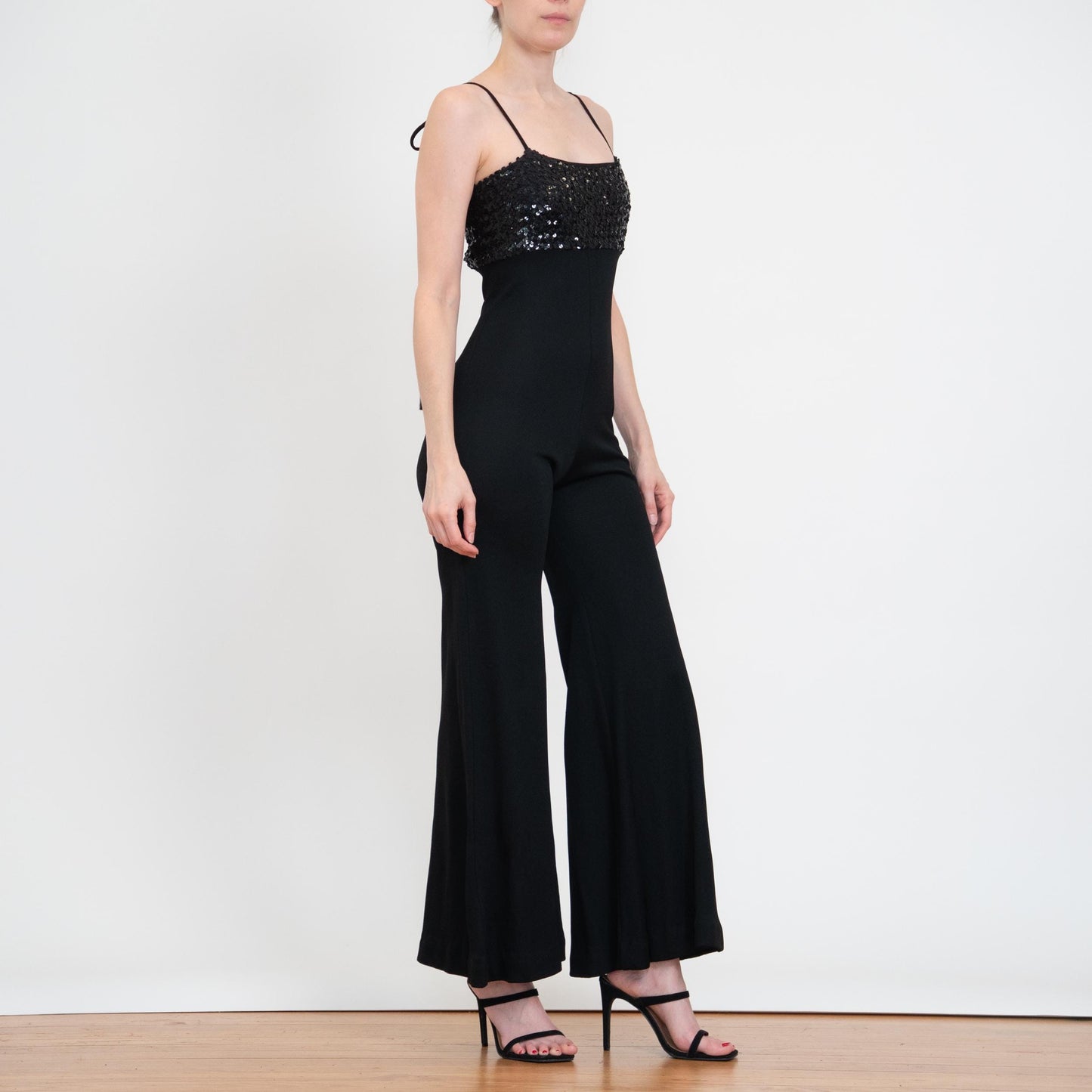 Vintage 70s Black Sequin Bell Bottom Jumpsuit - Extra Small | Palazzo Flared Leg Disco Pantsuit