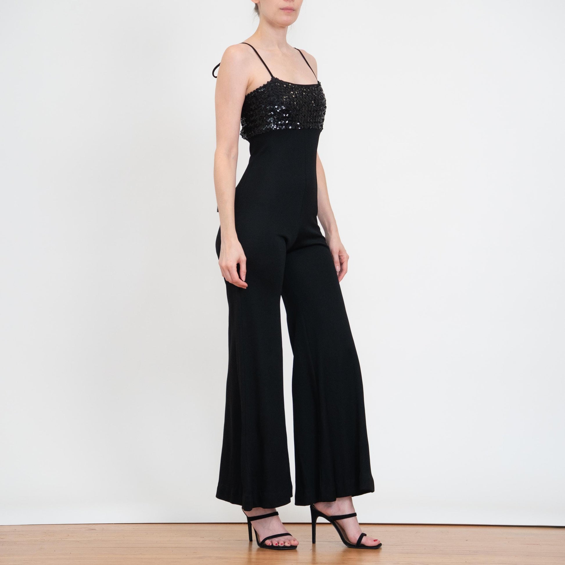 Vintage 70s Black Sequin Bell Bottom Jumpsuit - Extra Small | Palazzo Flared Leg Disco Pantsuit