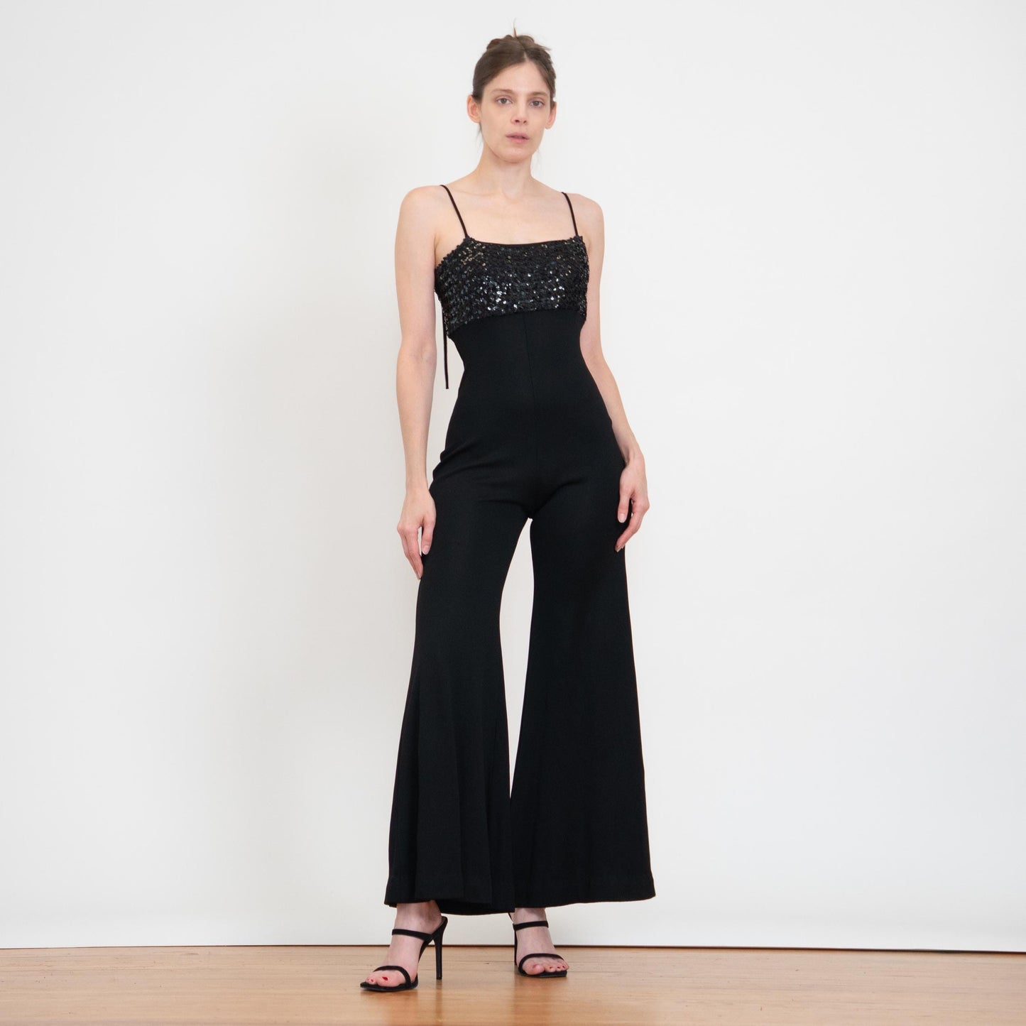 Vintage 70s Black Sequin Bell Bottom Jumpsuit - Extra Small | Palazzo Flared Leg Disco Pantsuit