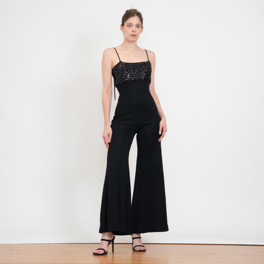 Vintage 70s Black Sequin Bell Bottom Jumpsuit - Extra Small | Palazzo Flared Leg Disco Pantsuit