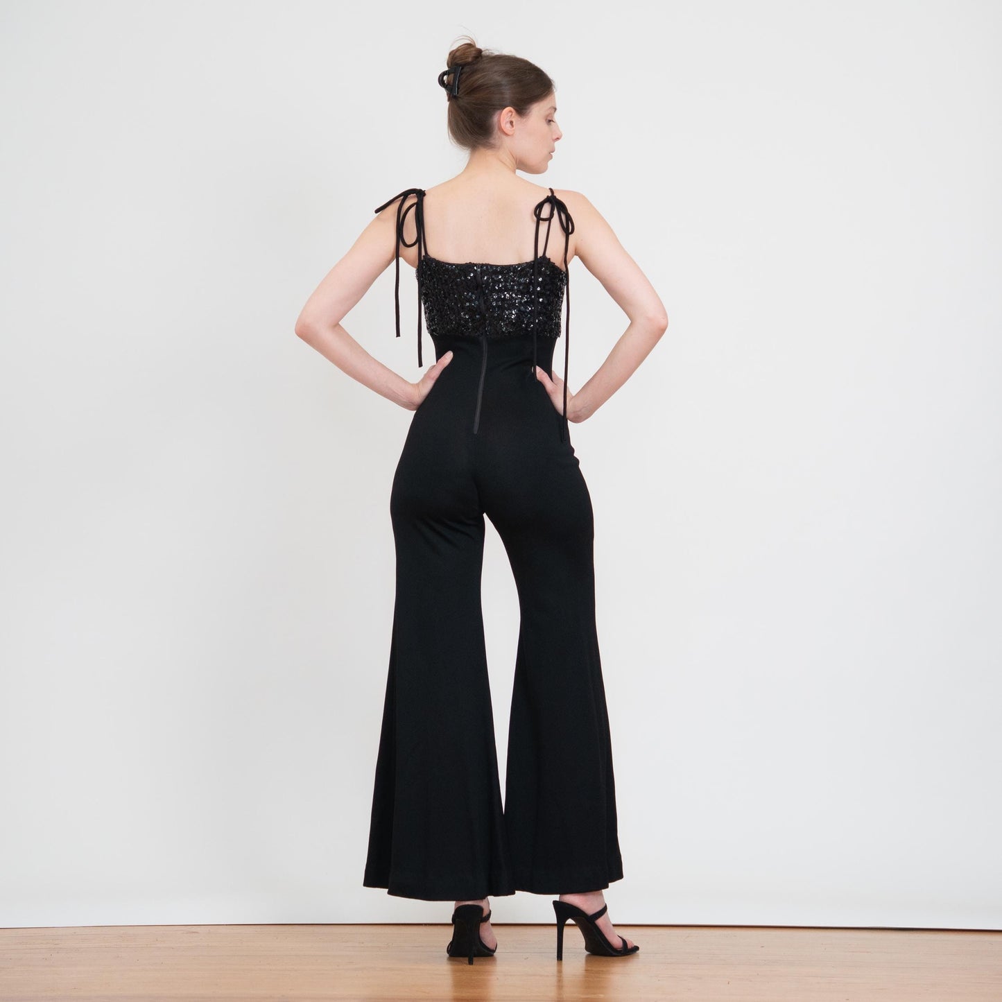 Vintage 70s Black Sequin Bell Bottom Jumpsuit - Extra Small | Palazzo Flared Leg Disco Pantsuit