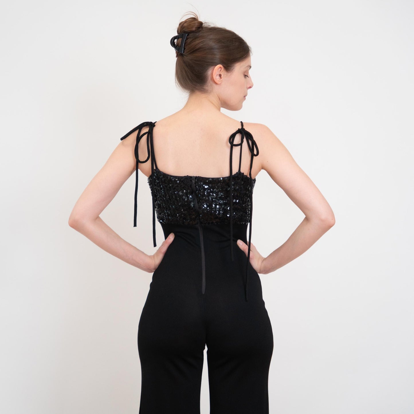 Vintage 70s Black Sequin Bell Bottom Jumpsuit - Extra Small | Palazzo Flared Leg Disco Pantsuit