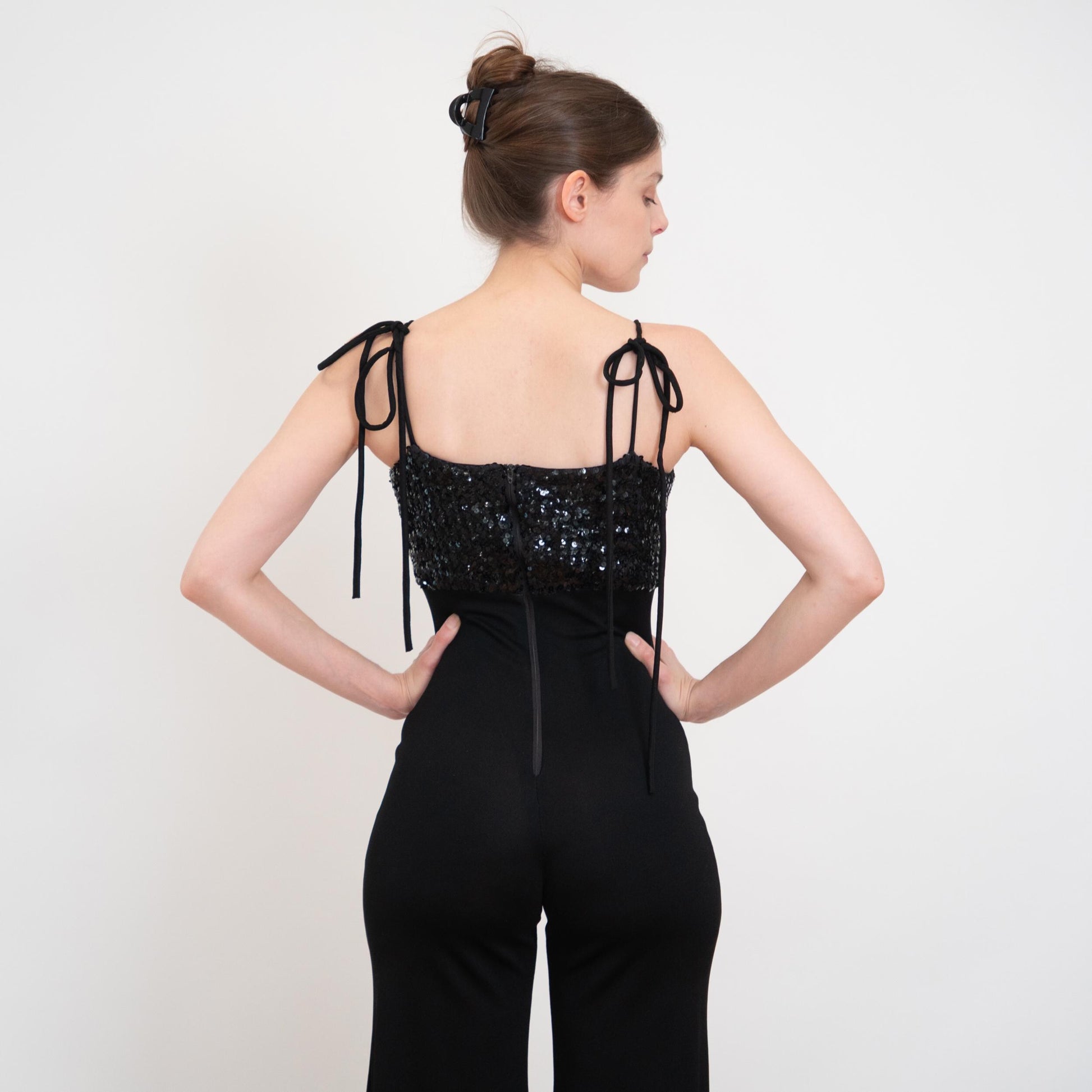 Vintage 70s Black Sequin Bell Bottom Jumpsuit - Extra Small | Palazzo Flared Leg Disco Pantsuit