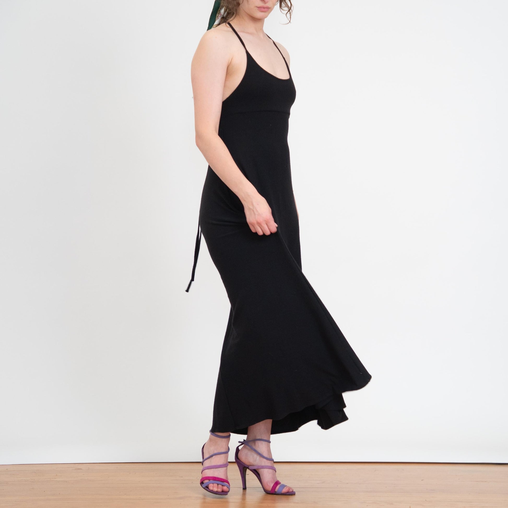 Vintage 90s Black Strappy Open Back Lounge Dress - Medium | Slinky Backless Casual Maxi Dress