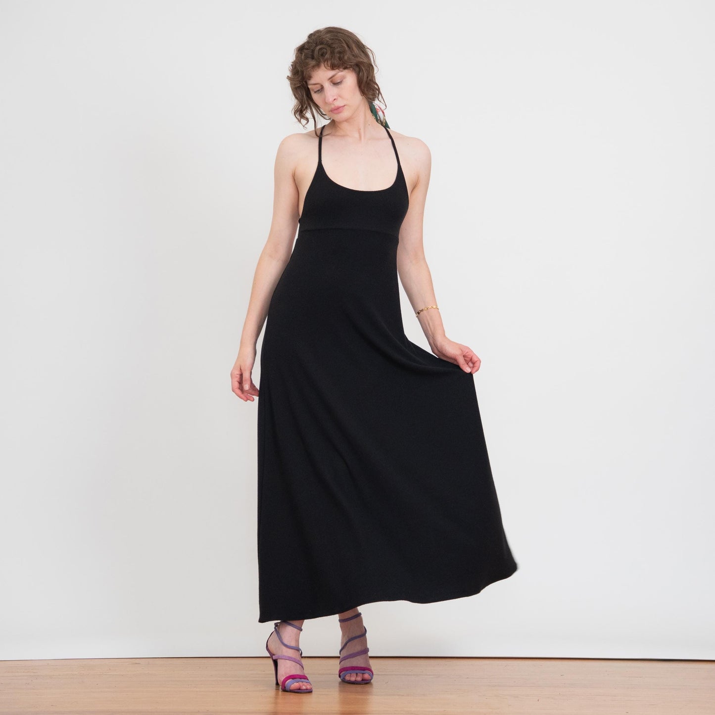 Vintage 90s Black Strappy Open Back Lounge Dress - Medium | Slinky Backless Casual Maxi Dress