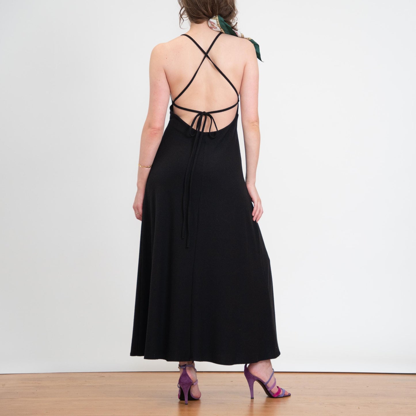 Vintage 90s Black Strappy Open Back Lounge Dress - Medium | Slinky Backless Casual Maxi Dress