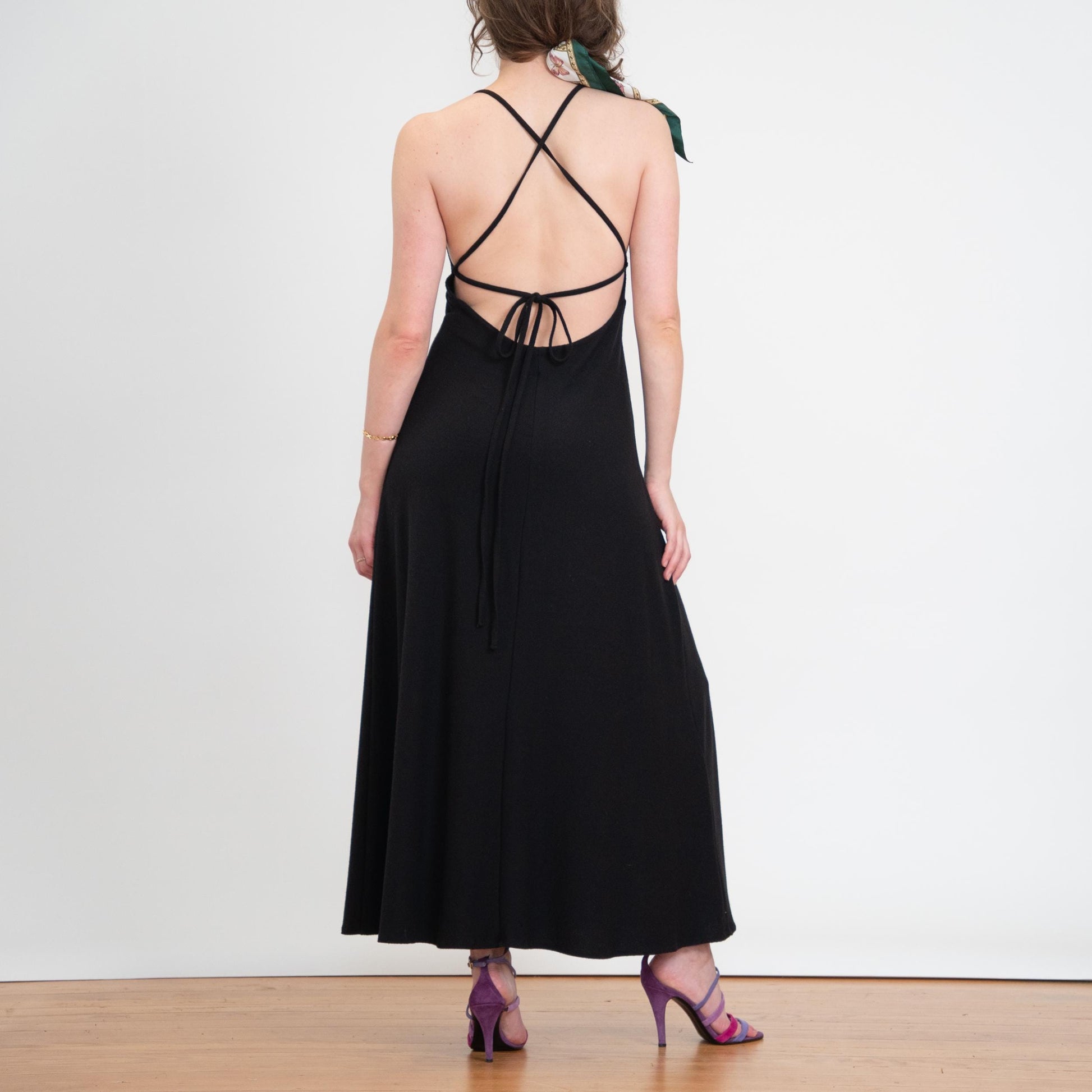 Vintage 90s Black Strappy Open Back Lounge Dress - Medium | Slinky Backless Casual Maxi Dress