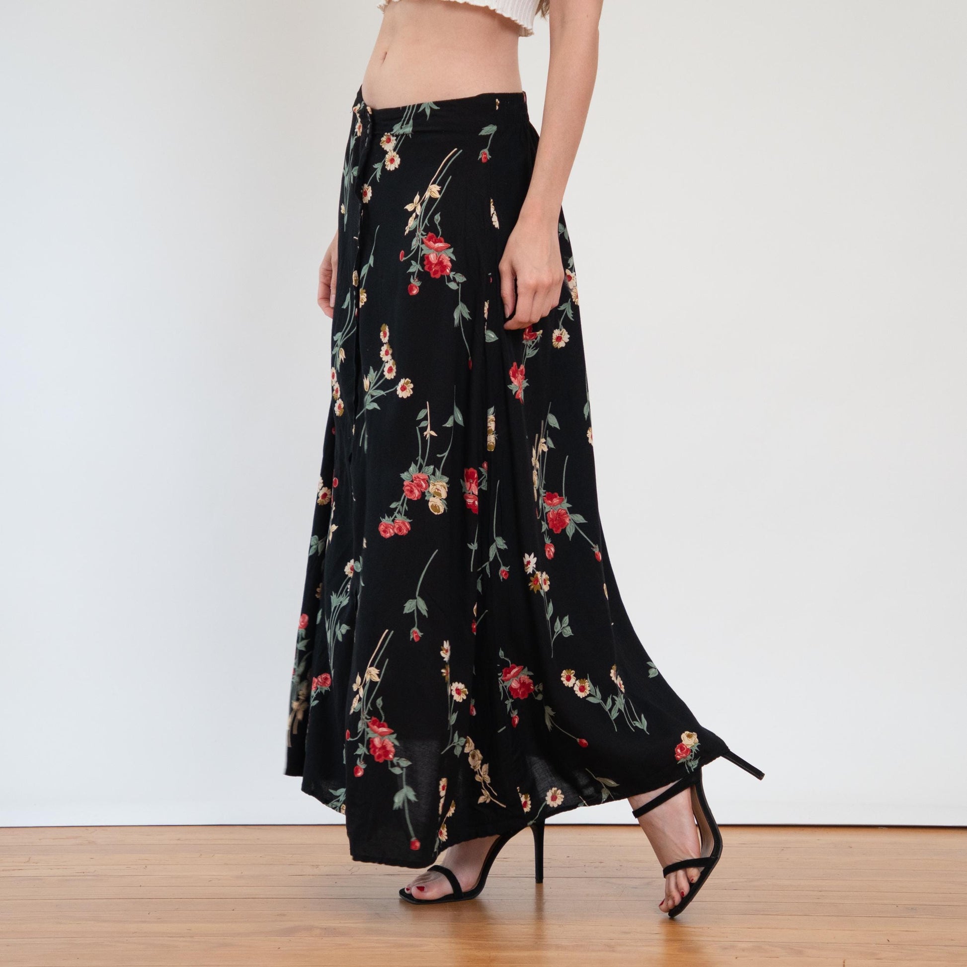 Vintage 90s Black Wildflower Maxi Skirt - Large | Boho Long Floral Skirt, High Waisted Summer Skirt