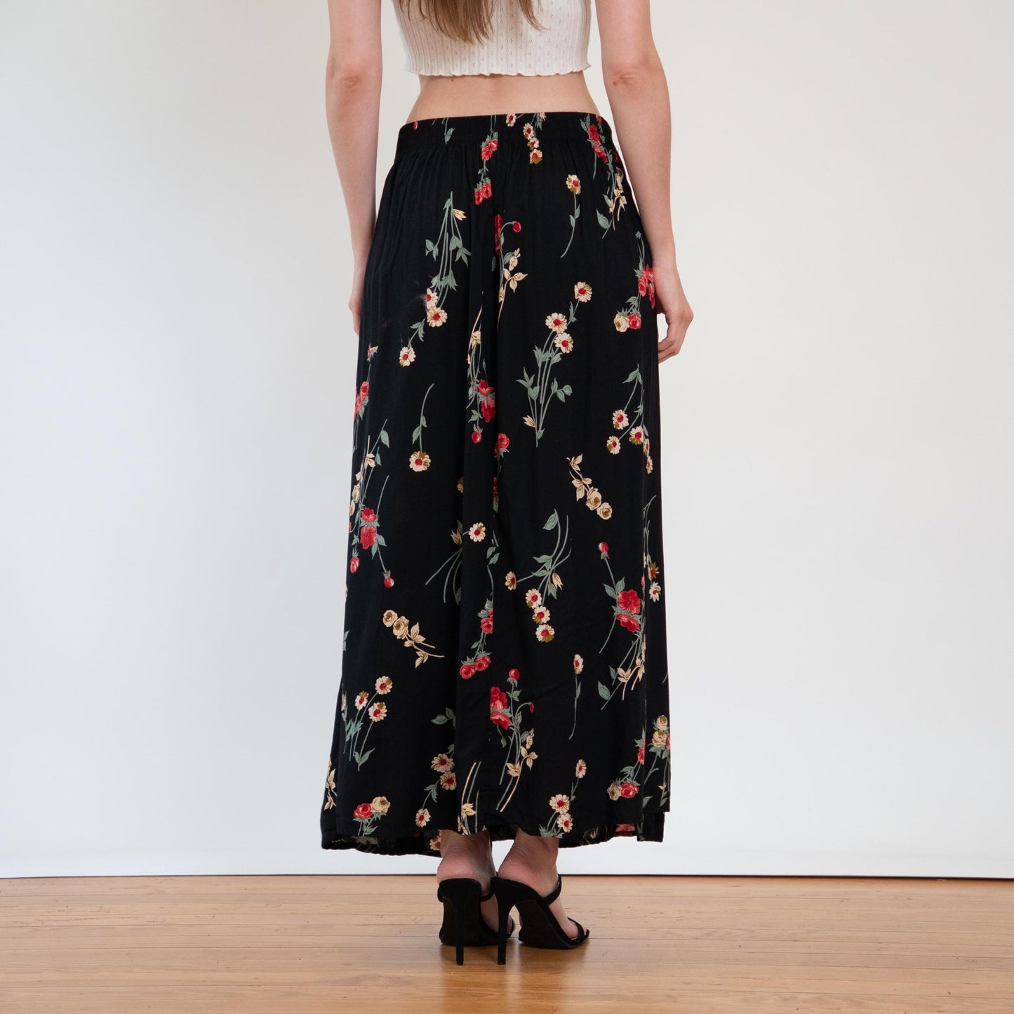 Vintage 90s Black Wildflower Maxi Skirt - Large | Boho Long Floral Skirt, High Waisted Summer Skirt