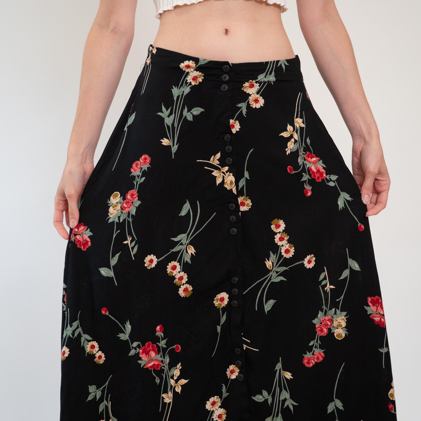 Vintage 90s Black Wildflower Maxi Skirt - Large | Boho Long Floral Skirt, High Waisted Summer Skirt
