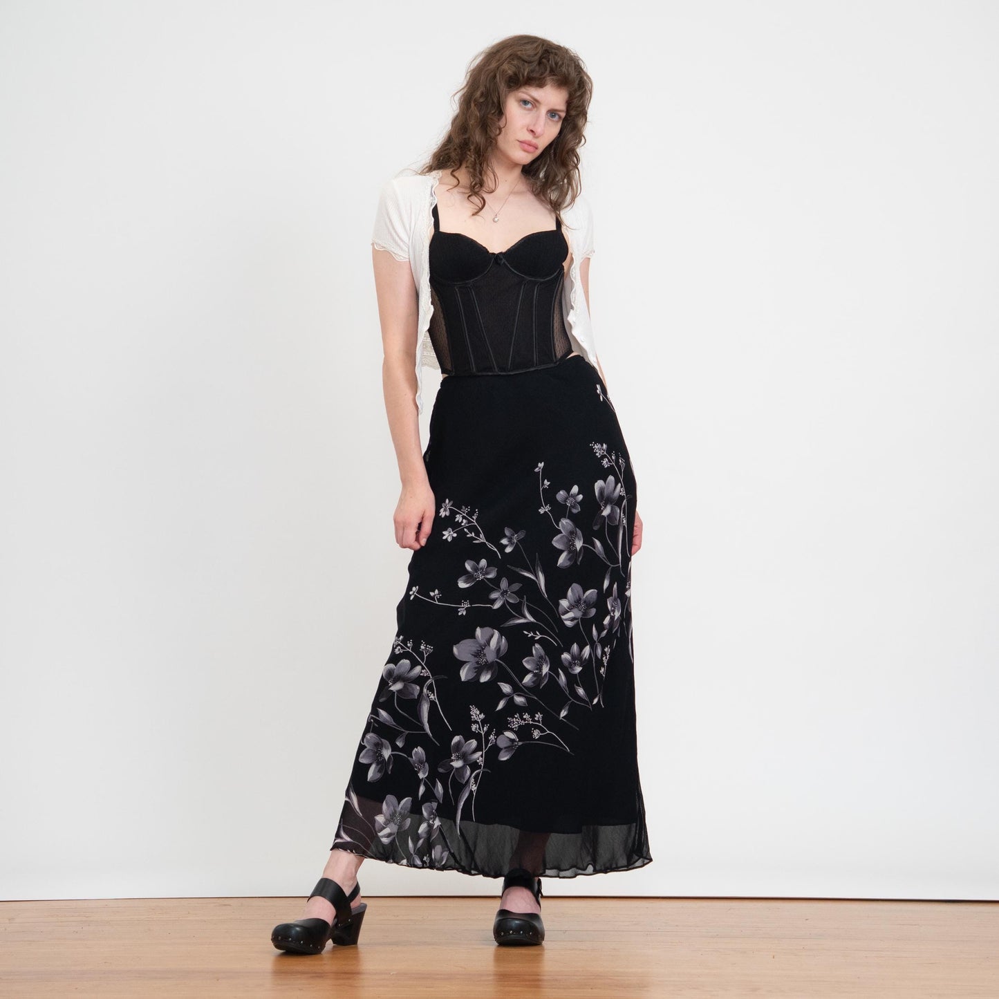Vintage 90s Black Floral Chiffon Bias Cut Maxi Skirt - Small | Boho High Waisted Lettuce Hem Skirt
