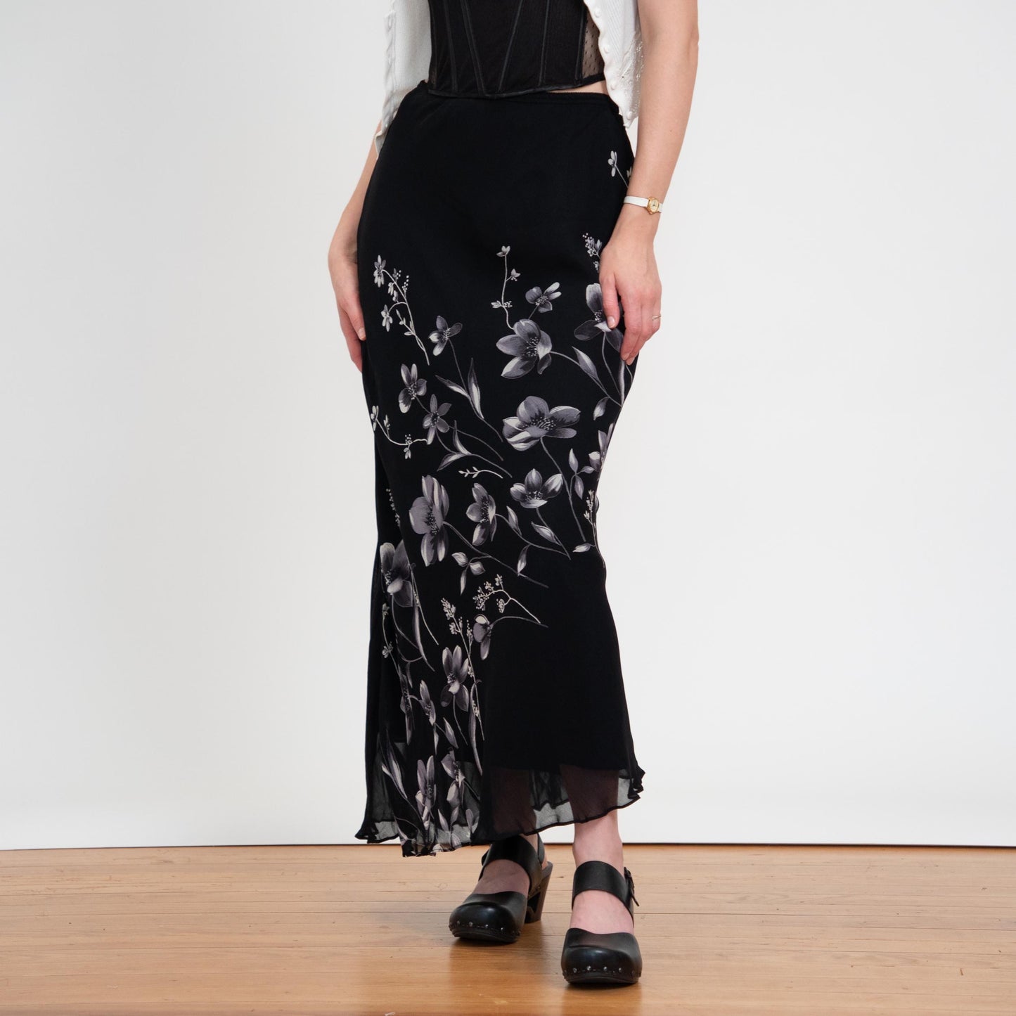 Vintage 90s Black Floral Chiffon Bias Cut Maxi Skirt - Small | Boho High Waisted Lettuce Hem Skirt