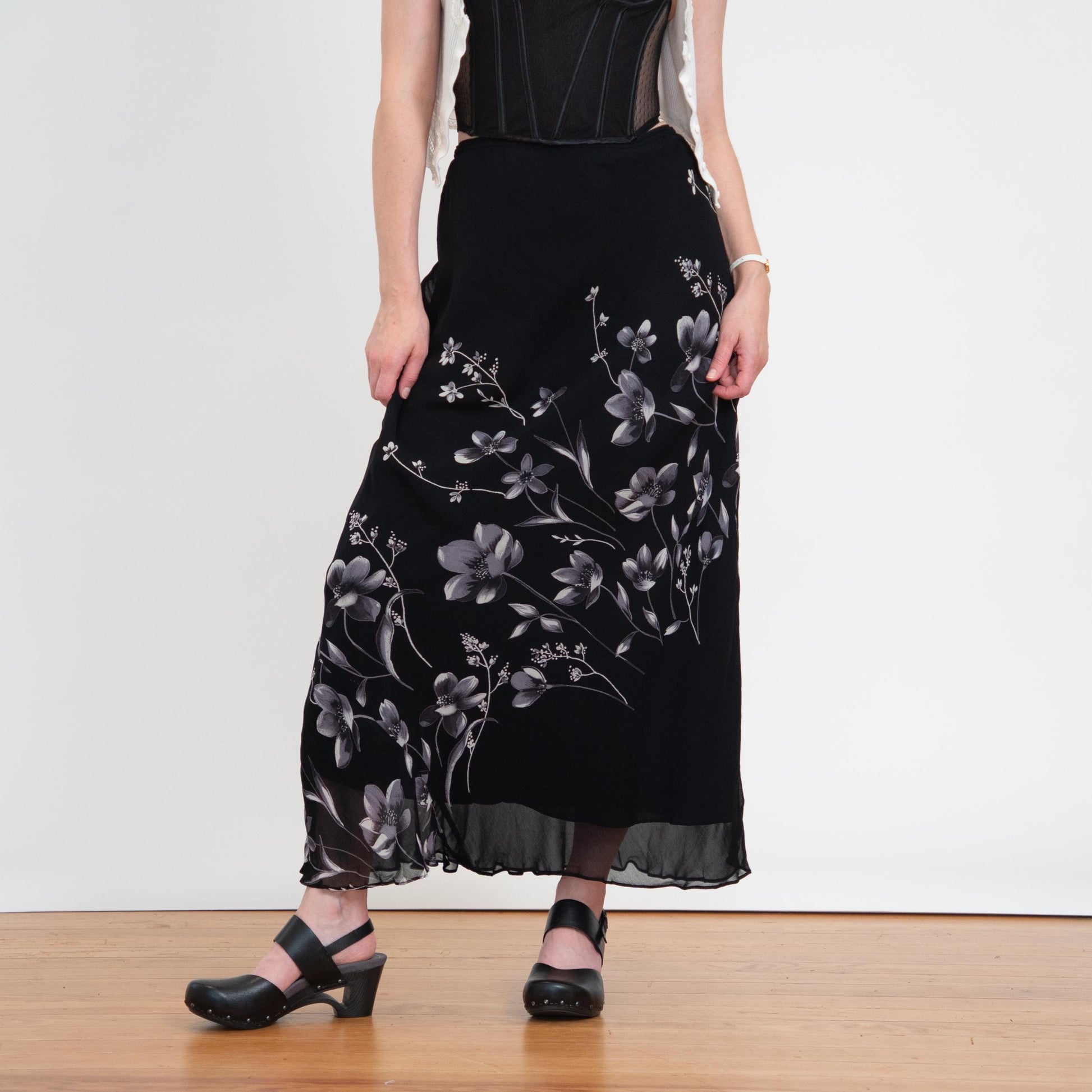 Vintage 90s Black Floral Chiffon Bias Cut Maxi Skirt - Small | Boho High Waisted Lettuce Hem Skirt