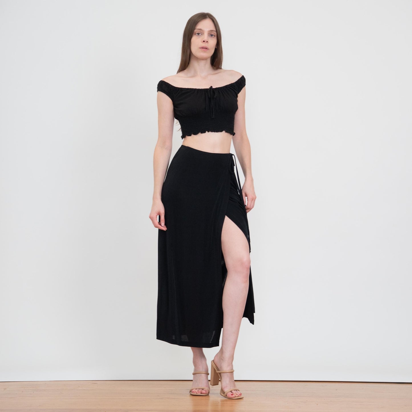 Vintage 90s Minimalist Black Maxi Wrap Skirt - Small to Medium | High Waisted A Line Boho Flowy Skirt