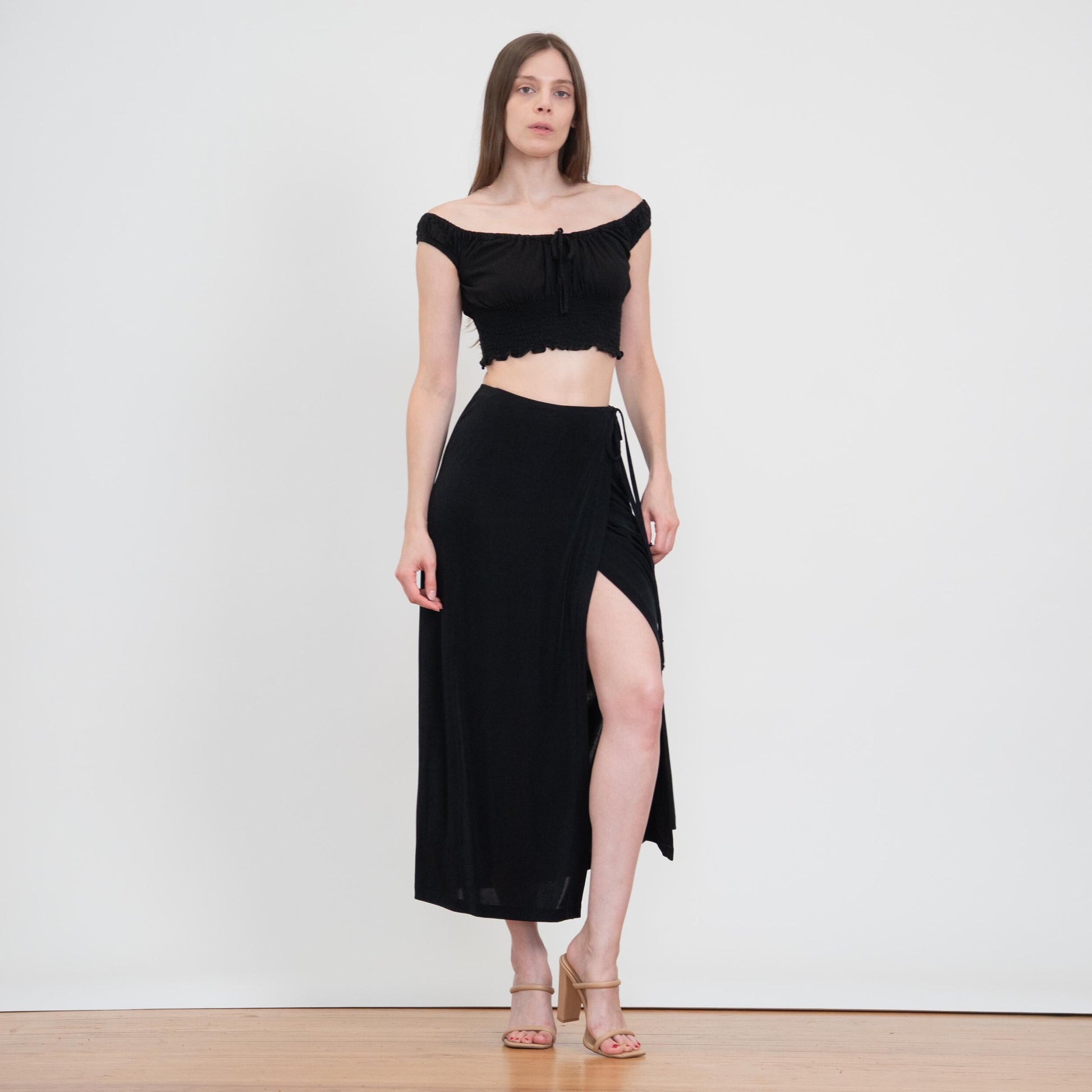 Vintage 90s Minimalist Black Maxi Wrap Skirt - Small to Medium | High Waisted A Line Boho Flowy Skirt