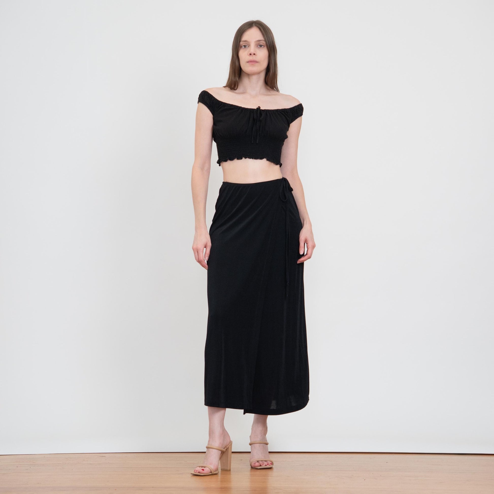 Vintage 90s Minimalist Black Maxi Wrap Skirt - Small to Medium | High Waisted A Line Boho Flowy Skirt