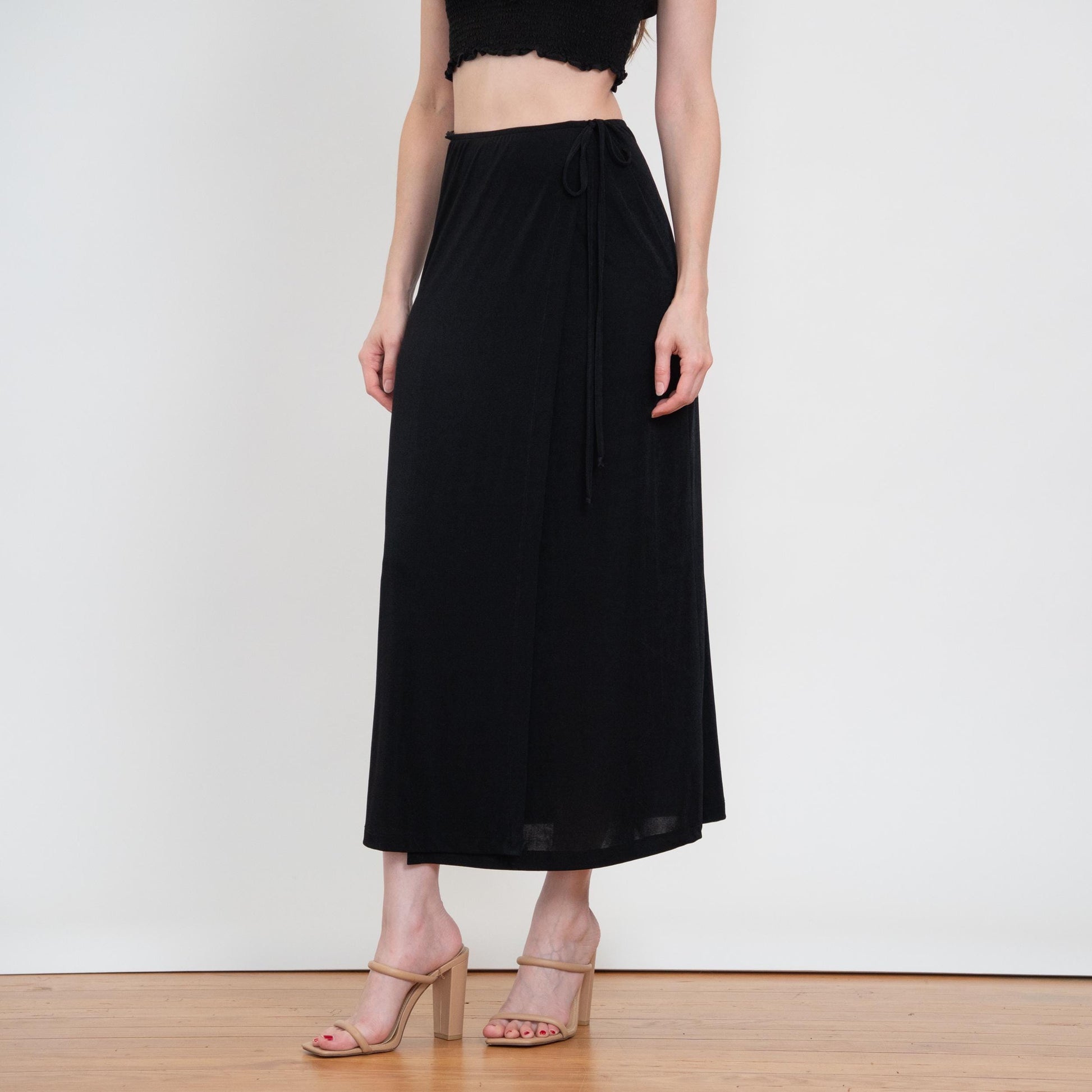 Vintage 90s Minimalist Black Maxi Wrap Skirt - Small to Medium | High Waisted A Line Boho Flowy Skirt